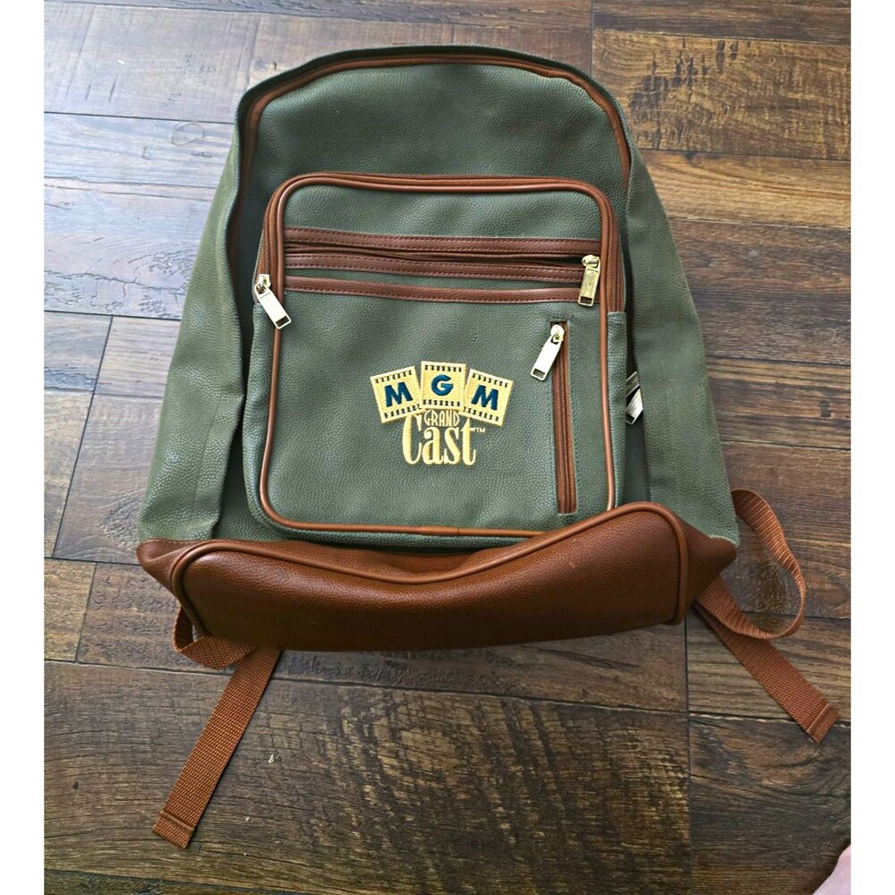 VTG 90s MGM Grand Cast Employee Backpack Green Pebbled Luggage Locomotor